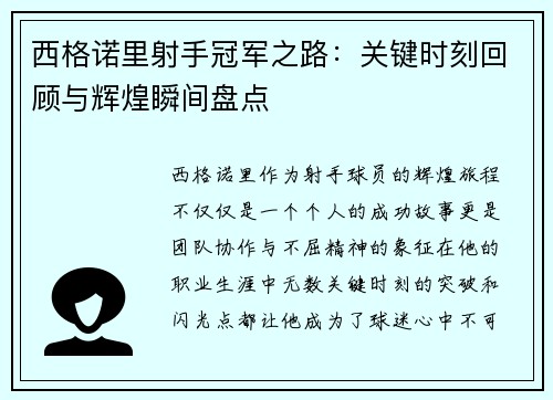 西格诺里射手冠军之路：关键时刻回顾与辉煌瞬间盘点